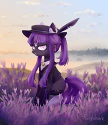 Size: 2728x3157 | Tagged: safe, artist:polyblank, derpibooru import, oc, oc:ester scintillia, earth pony, pony, clothes, commission, evening, female, field, image, lavender, lavender field, looking at you, mare, png, smiling, solo
