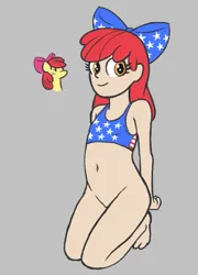 Size: 561x778 | Tagged: suggestive, artist:noregrets, banned from derpibooru, apple bloom, human, pony, 4th of july, aggie.io, belly button, bottomless, breasts, clothes, delicious flat chest, female, holiday, humanized, image, kneeling, lolicon, nudity, partial nudity, png, swimsuit, top, underage