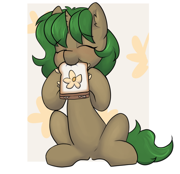 Size: 2280x2200 | Tagged: safe, artist:dumbwoofer, derpibooru import, oc, oc:pine shine, pony, unicorn, belly, daffodil and daisy sandwich, ear fluff, eating, eyes closed, female, food, happy, image, mare, png, sandwich, simple background, sitting, solo, transparent background