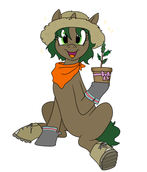 Size: 3600x4200 | Tagged: safe, artist:pony quarantine, derpibooru import, oc, oc:pine shine, unofficial characters only, pony, unicorn, bandana, boots, bow, clothes, female, hat, image, looking at you, mare, open mouth, open smile, plant, png, potted plant, present, shoes, simple background, sitting, smiling, smiling at you, solo, straw hat, transparent background