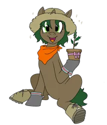 Size: 3600x4200 | Tagged: safe, artist:pony quarantine, derpibooru import, oc, oc:pine shine, unofficial characters only, pony, unicorn, bandana, boots, bow, clothes, female, hat, image, looking at you, mare, open mouth, open smile, plant, png, potted plant, present, shoes, simple background, sitting, smiling, smiling at you, solo, straw hat, transparent background