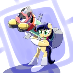 Size: 5500x5500 | Tagged: safe, artist:trackheadtherobopony, derpibooru import, oc, oc:trackhead, oc:twostep, earth pony, pony, robot, robot pony, :3, image, png, rocket launcher, tongue out, weapon