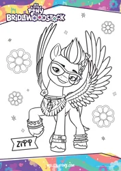 Size: 2480x3509 | Tagged: safe, derpibooru import, official, zipp storm, pegasus, g5, bridlewoodstock, coloring page, flower, image, my little pony logo, name, png, sunglasses