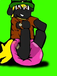 Size: 512x680 | Tagged: suggestive, artist:cavewolfphil, derpibooru import, oc, oc:gold rush, pony, unicorn, diaper, diaper fetish, fetish, green background, hat, image, inflatable diaper, male, non-baby in diaper, outfit, png, simple background, sitting, stallion, watch