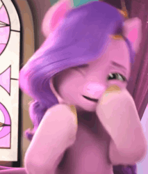 Size: 698x820 | Tagged: safe, derpibooru import, edit, edited screencap, screencap, pipp petals, pegasus, pony, g5, my little pony: make your mark, spoiler:g5, spoiler:my little pony: make your mark, spoiler:my little pony: make your mark chapter 4, spoiler:mymc04e06, a little horse, animated, boop, cropped, female, gif, image, mare, my little pony: make your mark chapter 4, self-boop, sniffling, solo, solo female