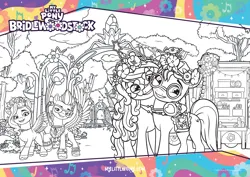 Size: 3509x2480 | Tagged: safe, derpibooru import, official, izzy moonbow, pipp petals, sunny starscout, zipp storm, earth pony, pegasus, pony, unicorn, g5, bridlewood, bridlewoodstock, coloring page, cute, female, flower, glasses, image, png, royal sisters (g5), royalty, siblings, sisters, tree