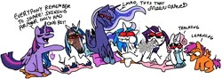 Size: 797x283 | Tagged: safe, artist:thaspiciest, derpibooru import, princess luna, rarity, scootaloo, shining armor, sweetie belle, twilight sparkle, twilight sparkle (alicorn), vinyl scratch, alicorn, pegasus, pony, unicorn, crying, drugs, eyes closed, image, marijuana, png, red eyes, simple background, sitting, smiling, smoking, text, white background