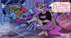 Size: 1472x784 | Tagged: safe, artist:thaspiciest, derpibooru import, fluttershy, rainbow dash, anthro, pegasus, clothes, cloven hooves, drugs, duo, ear piercing, fluttergoth, folded wings, image, jpeg, lying down, marijuana, piercing, red eyes, sitting, smoking, television, text, wings