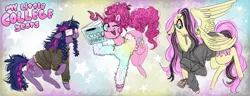 Size: 2048x788 | Tagged: safe, artist:thaspiciest, derpibooru import, fluttershy, pinkie pie, twilight sparkle, earth pony, pegasus, pony, unicorn, clothes, drugs, ear piercing, emoshy, glasses, hoodie, image, jpeg, marijuana, one eye closed, piercing, red eyes, smiling, smoking, sweater, text, trio, unicorn twilight, wink