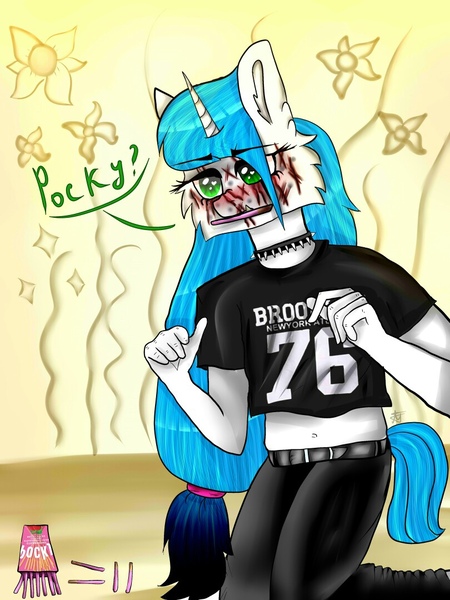 Size: 810x1080 | Tagged: safe, artist:deadsmoke, derpibooru import, oc, oc:snowflake white, anthro, clothes, food, image, jpeg, pocky