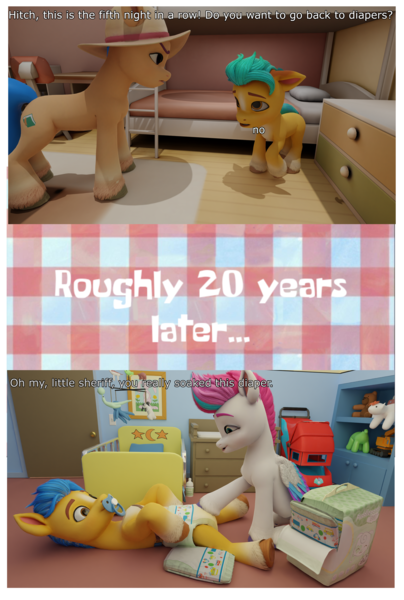 Size: 4003x5951 | Tagged: questionable, artist:northern haste, derpibooru import, hitch trailblazer, zipp storm, oc, earth pony, pegasus, pony, g5, 3d, 4k, adult foal, bedwetting, blender, colt, colt hitch trailblazer, comic, crib, diaper, diaper change, diaper fetish, diaper package, female, fetish, foal, high res, hitchzipp, image, male, mare, mother and child, mother and son, non-baby in diaper, pacifier, pissing, png, shipping, straight, urine, wet diaper, wetting, younger