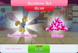 Size: 1266x860 | Tagged: safe, derpibooru import, official, unnamed character, unnamed pony, pony, bundle, clothes, costs real money, earpiece, english, gameloft, gem, image, jpeg, male, mobile game, my little pony: magic princess, numbers, sale, shirt, solo, solo focus, stallion, text