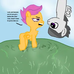 Size: 4096x4096 | Tagged: safe, artist:sweetsterty, derpibooru import, rumble, scootaloo, pegasus, pony, annoyed, chest fluff, colt, dialogue, duo, duo male and female, female, filly, flying, foal, image, male, png, rumbloo, shipping, shipping denied, straight, wings