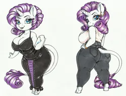 Size: 3153x2398 | Tagged: suggestive, artist:longinius, derpibooru import, rarity, anthro, classical unicorn, unicorn, alternate hairstyle, ass, big breasts, breasts, busty rarity, butt, chibi, cleavage, clothes, cloven hooves, denim, hobble dress, hobble skirt, horn, image, jeans, large butt, latex dress, leaning forward, leonine tail, looking at you, pants, png, rearity, shortstack, sideboob, tanktop, thighs, thunder thighs, traditional art, unshorn fetlocks, wide hips