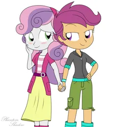 Size: 3800x4000 | Tagged: safe, artist:phantomshadow051, derpibooru import, scootaloo, sweetie belle, human, equestria girls, blushing, cute, duo, duo female, female, hand on cheek, high res, holding hands, image, lesbian, looking at each other, looking at someone, png, scootabelle, shipping, signature, simple background, white background