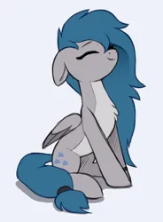 Size: 1400x1900 | Tagged: safe, artist:luminousdazzle, derpibooru import, oc, oc:gloomy, unofficial characters only, pegasus, pony, chest fluff, colored sketch, doodle, eyes closed, female, freckles, image, mare, pegasus oc, png, simple background, sitting, sketch, solo, white background, wings