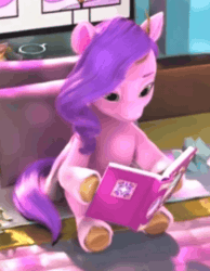 Size: 412x532 | Tagged: safe, derpibooru import, edit, edited screencap, screencap, pipp petals, g5, my little pony: make your mark, spoiler:g5, spoiler:my little pony: make your mark, spoiler:my little pony: make your mark chapter 4, spoiler:mymc04e06, a little horse, animated, blinking, book, cropped, gif, image, my little pony: make your mark chapter 4, reading, solo, stained glass