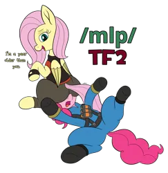 Size: 3684x3794 | Tagged: safe, derpibooru import, fluttershy, pinkie pie, earth pony, pegasus, /mlp/ tf2 general, dialogue, faceful of ass, facesitting, heavy weapons guy, i'm a year older than you, image, png, pyro, simple background, team fortress 2, text, transparent background