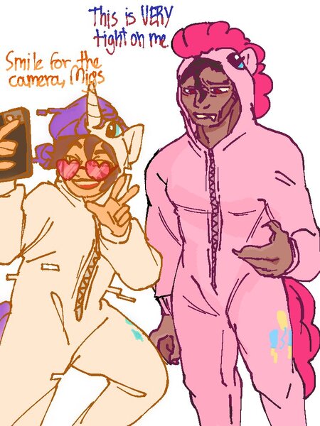 Size: 750x1000 | Tagged: safe, artist:lylaswife, derpibooru import, pinkie pie, rarity, human, pony, clothes, cosplay, costume, crossover, duo, female, grin, gritted teeth, hologram, hoodie, image, jpeg, lyla, male, mare, marvel, merchandise, miguel o'hara, mobile phone, one eye closed, onesie, peace sign, phone, selfie, simple background, smartphone, smiling, spider-man, spider-man 2099, spider-man: across the spider-verse, sunglasses, teeth, white background, wink