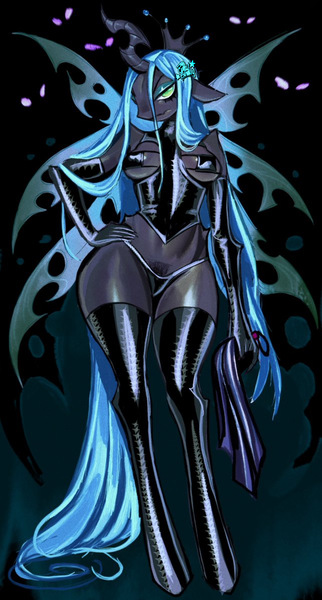 Size: 1170x2178 | Tagged: questionable, artist:thecurlydemon, derpibooru import, queen chrysalis, anthro, changeling, changeling queen, unguligrade anthro, bdsm, bedroom eyes, breasts, clothes, corset, evening gloves, eyeshadow, female, floppy ears, gloves, glow, glowing eyes, green eyeshadow, hand on hip, image, jpeg, latex, latex gloves, latex leotard, latex panties, latex stockings, leotard, lidded eyes, lingerie, long gloves, looking at you, makeup, multiple wings, panties, pubic hair, pubic hair slip, skimpy outfit, socks, solo, solo female, standing, stockings, thigh highs, underwear, whip, wings