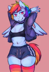 Size: 1413x2048 | Tagged: suggestive, artist:pettankochan, derpibooru import, rainbow dash, anthro, pegasus, arm behind head, belly button, breasts, cameltoe, choker, cleavage, clothes, erect nipples, female, image, jpeg, looking at you, midriff, nipple outline, nipple piercing, nipples, nudity, piercing, short hair, shorts, simple background, socks, solo, solo female, thigh highs, wide hips, wings