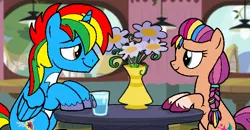 Size: 600x313 | Tagged: safe, artist:noikincade67, derpibooru import, sunny starscout, oc, oc:shield wing, earth pony, pony, g5, cafe, female, flower, flower vase, glass, image, male, png, water