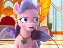Size: 1080x822 | Tagged: safe, derpibooru import, screencap, queen haven, pegasus, pony, g5, my little pony: make your mark, spoiler:g5, spoiler:my little pony: make your mark, spoiler:my little pony: make your mark chapter 4, spoiler:mymc04e06, a little horse, angry, animated, backing away, crown, defensive, female, frustrated, gif, image, jewelry, mare, my little pony: make your mark chapter 4, queen haven is not amused, regalia, shuffle, solo, spread wings, throne room, unamused, wings