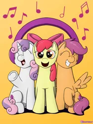 Size: 1500x1995 | Tagged: safe, artist:passionpanther, derpibooru import, apple bloom, scootaloo, sweetie belle, earth pony, pegasus, pony, unicorn, series:ponies with headphones, cute, cutie mark crusaders, design, happy, headphones, image, jpeg, music notes, shirt design