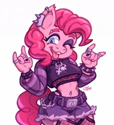 Size: 1093x1200 | Tagged: safe, artist:goobone, derpibooru import, pinkie pie, anthro, earth pony, belly button, belly piercing, bracelet, breasts, clothes, ear piercing, eyeshadow, female, fishnets, image, jewelry, jpeg, looking at you, makeup, midriff, one eye closed, piercing, punk, ring, shorts, simple background, solo, spiked wristband, tongue out, underboob, white background, wristband