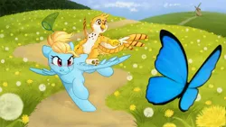Size: 3840x2160 | Tagged: safe, artist:melodylibris, derpibooru import, oc, unofficial characters only, butterfly, gryphon, insect, pegasus, pony, duo, female, griffon oc, griffons riding ponies, image, jpeg, mare, meadow, pointing, riding, running, spread wings, wings