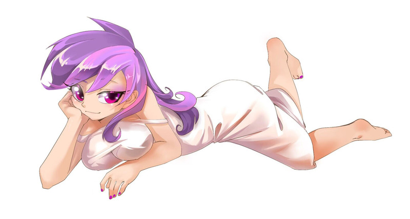 Size: 2048x1092 | Tagged: source needed, useless source url, suggestive, artist:power of justice!sans, derpibooru import, amethyst star, human, bare shoulders, barefoot, breasts, cleavage, clothes, cute, feet, female, humanized, image, jpeg, looking at you, nail polish, nightgown, pajamas, pose, simple background, sleeveless, the pose, white background