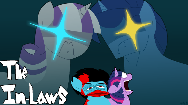 Size: 1920x1080 | Tagged: safe, artist:yamston, derpibooru import, night light, twilight sparkle, twilight velvet, oc, oc:lance greenfield, pony, unicorn, zebra, fanfic:living the dream, canon x oc, cover art, family, fanfic art, female, frown, glow, glowing eyes, heterochromia, image, lens flare, male, mare, open mouth, png, red and black mane, red eyes, red stripes, scared, stallion, two toned mane, unicorn twilight, zebra oc