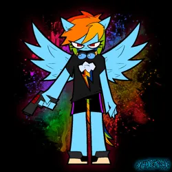 Size: 2188x2188 | Tagged: safe, artist:xxv4mp_g4z3rxx, derpibooru import, rainbow dash, anthro, pegasus, pony, bipedal, blood, clothes, eye clipping through hair, goggles, gun, image, looking at you, multicolored hair, png, rainbow blood, rainbow hair, rainbow tail, red eyes, shirt, shoes, shorts, signature, solo, sports shorts, spread wings, standing, t-shirt, tail, weapon, wings