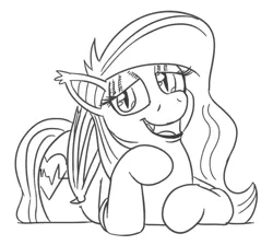 Size: 658x589 | Tagged: safe, artist:jargon scott, derpibooru import, oc, oc:arrhythmia, unofficial characters only, bat pony, pony, bat pony oc, bat wings, black and white, eyeshadow, female, grayscale, hoof on chin, image, lidded eyes, looking at you, makeup, mare, monochrome, open mouth, open smile, png, simple background, smiling, smiling at you, solo, white background, wings