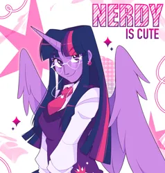 Size: 1280x1345 | Tagged: safe, artist:falliay, derpibooru import, twilight sparkle, twilight sparkle (alicorn), alicorn, equestria girls, clothes, cutie mark, cutie mark background, cutie mark on clothes, ear piercing, earring, female, glasses, horn, image, jewelry, necktie, nerd, piercing, png, solo, sweater vest, wings