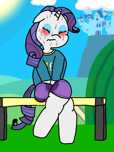 Size: 1080x1440 | Tagged: questionable, artist:ponkopee16, derpibooru import, rarity, pony, unicorn, accident, bench, blushing, canterlot castle, clothes, crossed legs, desperation, female, image, mare, need to pee, omorashi, pissing, pissing on self, png, potty emergency, potty failure, potty time, shorts, solo, sweat, urine, wet shorts, wetting