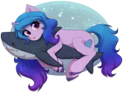 Size: 2718x2054 | Tagged: safe, artist:avrameow, derpibooru import, izzy moonbow, pony, shark, unicorn, g5, :p, blåhaj, bracelet, commission, cute, eyebrows, eyebrows visible through hair, female, friendship bracelet, high res, hug, image, izzybetes, jewelry, looking at you, mare, plushie, png, shark plushie, signature, simple background, solo, tongue out, transparent background, unshorn fetlocks, ych result