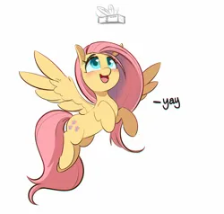 Size: 1000x952 | Tagged: safe, artist:inkypuso, derpibooru import, fluttershy, pegasus, pony, blushing, butter, chromatic aberration, cute, daaaaaaaaaaaw, female, food, image, jpeg, looking up, mare, open mouth, open smile, shyabetes, simple background, smiling, solo, spread wings, white background, wings, yay