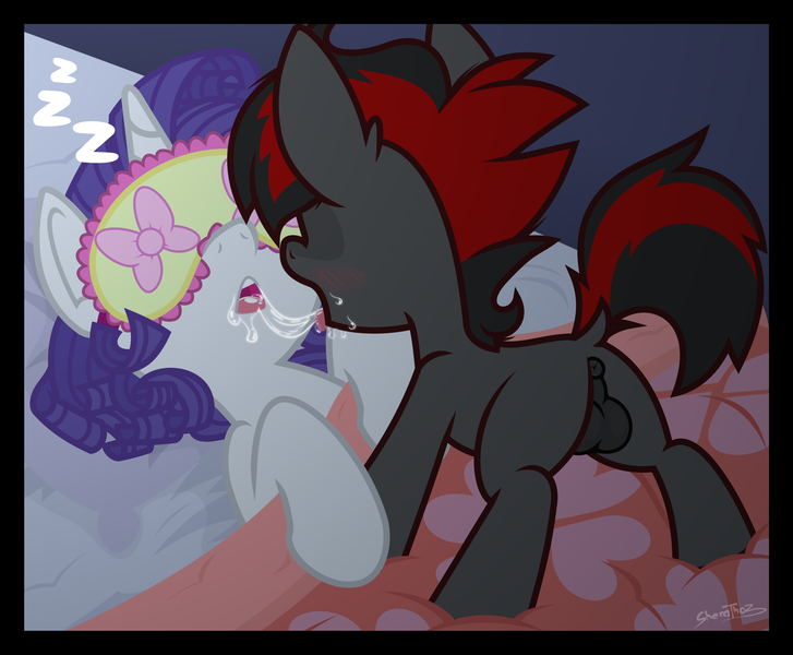 Size: 1800x1485 | Tagged: explicit, artist:sherathoz, derpibooru import, rarity, oc, oc:varan, pony, age difference, anus, balls, bed, bedroom, colt, colt on mare, commission, drool, drool string, female, foal, foalcon, french kiss, image, kissing, male, mare, molestation, night, nudity, personal space invasion, png, ponut, sex, sleep molestation, sleeping, straight, straight shota, underage