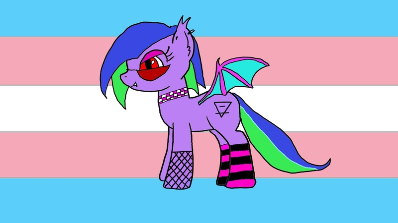 Size: 2560x1440 | Tagged: safe, artist:dashytrash, derpibooru import, oc, oc:eclipse starlight, bat pony, bat pony oc, bat wings, clothes, ear piercing, glasses, goth, image, jpeg, piercing, pride, pride flag, smug, socks, transgender, transgender pride flag, wings