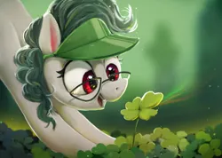 Size: 1199x854 | Tagged: safe, artist:inkhooves, derpibooru import, oc, oc:front page, unofficial characters only, earth pony, pony, clover, crouching, female, four leaf clover, glasses, holiday, image, jpeg, looking at something, mare, open mouth, saint patrick's day, smiling, solo
