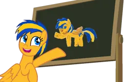 Size: 876x563 | Tagged: safe, artist:mlpfan3991, derpibooru import, oc, oc:flare spark, pegasus, chalkboard, drawing, female, image, png, simple background, smiling, solo, transparent background, vector