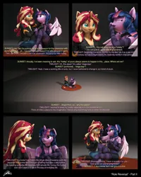 Size: 5184x6480 | Tagged: suggestive, artist:imafutureguitarhero, derpibooru import, sci-twi, sunset shimmer, twilight sparkle, twilight sparkle (alicorn), alicorn, anthro, unguligrade anthro, unicorn, comic:role reversal, series:twilight's sexual deviancy, 3d, 5 panel comic, :i, absurd resolution, alicornified, arm fluff, arm freckles, belt, blushing, boots, breaking the fourth wall, cheek fluff, chest fluff, chest freckles, chromatic aberration, clothes, cloven hooves, collar, colored eyebrows, colored eyelashes, colored wings, comic, confused, cute, denim, derpibooru exclusive, dialogue, duo, duo female, ear fluff, ear freckles, evening gloves, eyebrows, female, femsub, film grain, fingerless elbow gloves, fingerless gloves, floppy ears, fluffy, fluffy hair, fluffy mane, fluffy tail, fourth wall, freckles, fur, glasses, glasses off, gloves, grin, hand on knee, hand on leg, hoof boots, hoof fluff, horn, image, jacket, jeans, jpeg, kneeling, laughing, leash, leather, leather boots, leather gloves, leather jacket, leonine tail, long gloves, long hair, long mane, multicolored hair, multicolored mane, multicolored tail, neck fluff, nose wrinkle, offscreen character, one ear down, open mouth, paintover, pants, peppered bacon, race swap, raised eyebrow, revamped anthros, revamped ponies, role reversal, rope, scitwilicorn, shirt, shoes, shorts, shoulder fluff, shoulder freckles, signature, sitting on floor, smiling, socks, source filmmaker, stage.bsp, stockings, striped gloves, striped socks, striped stockings, submissive, subtitles, surprised, tail, tail fluff, talking, tanktop, text, thigh highs, twiabetes, twisub, two toned wings, unamused, unshorn fetlocks, wall of tags, wing fluff, wing freckles, wings
