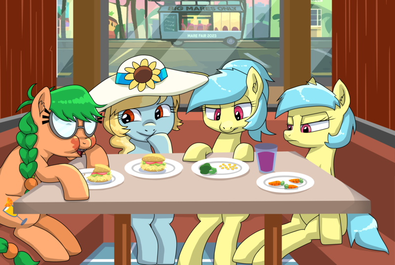 Size: 10965x7365 | Tagged: safe, artist:buttercupsaiyan, oc, oc:fair flyer, oc:matinée, oc:morning mimosa, oc:soirée, broccoli, carrot, eating, female, food, hayburgers, image, mare fair, messy eating, png, restaurant, siblings, sisters, snowpity inc., twins