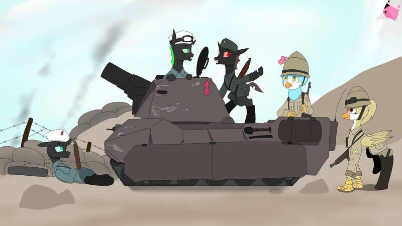 Size: 1731x974 | Tagged: safe, artist:mairiathus, derpibooru import, oc, unofficial characters only, changeling, gryphon, equestria at war mod, clothes, desert, gun, image, jpeg, rifle, soldier, submachinegun, tank (vehicle), uniform, weapon