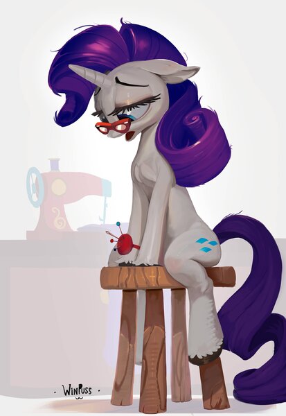 Size: 2818x4096 | Tagged: safe, artist:winpuss, derpibooru import, rarity, pony, unicorn, female, floppy ears, glasses, image, jpeg, mare, messy mane, pincushion, rarity's glasses, sewing machine, simple background, sitting, solo, stool, white background