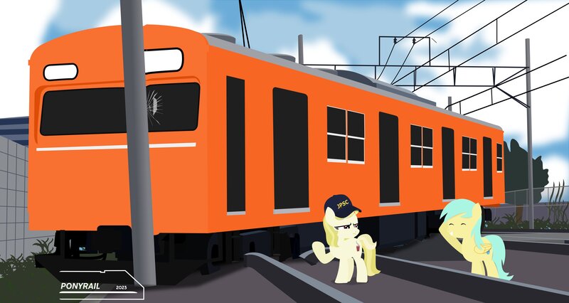 Size: 3729x1988 | Tagged: safe, artist:ponyrailartist, derpibooru import, march gustysnows, sunshower raindrops, earth pony, pegasus, pony, accident, image, jpeg, jr103, tracks, train, wires