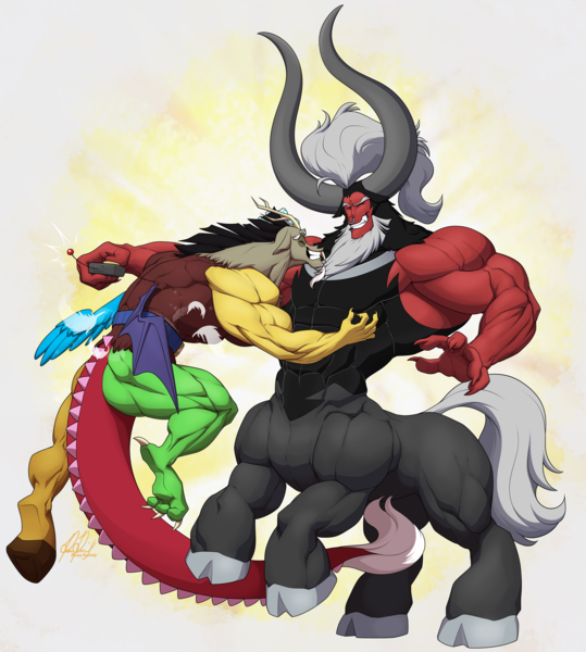 Size: 2321x2584 | Tagged: safe, artist:ponyanony, derpibooru import, discord, lord tirek, centaur, draconequus, taur, fluffy, image, muscles, png, tickle belt, tickle fight, tickle torture, tickling