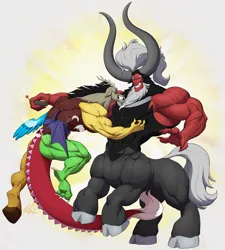 Size: 2321x2584 | Tagged: safe, artist:ponyanony, derpibooru import, discord, lord tirek, centaur, draconequus, taur, fluffy, image, muscles, png, tickle belt, tickle fight, tickle torture, tickling