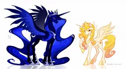 Size: 1271x696 | Tagged: safe, artist:nightheart2647, derpibooru import, princess celestia, princess luna, alicorn, pony, age swap, alternate universe, duo, female, image, jewelry, jpeg, mare, older, raised hoof, regalia, role reversal, siblings, simple background, sisters, spread wings, white background, wings, younger